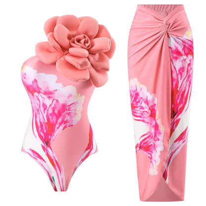 One Piece Swimsuit Women Skinny Slimming Big Floral Swimsuit Outfit Chiffon Dress