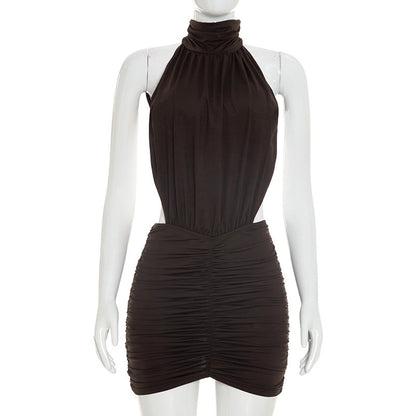 Women Clothing Summer Solid Color Small Turtleneck Sleeveless Sexy Backless Ruffle Hip Dress