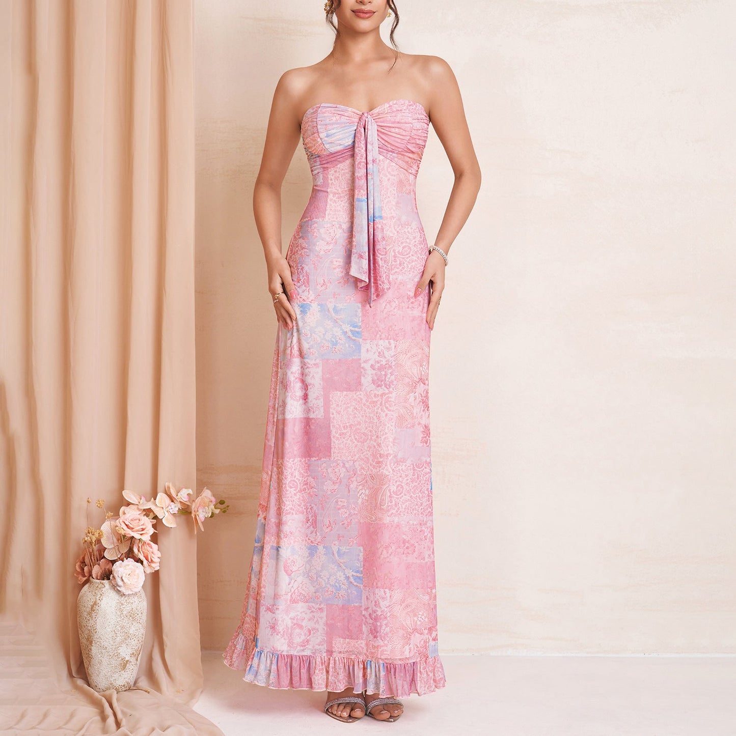 Summer Mesh Printed Dress Sexy Graceful Tube Top Lace up Backless Wooden Ear Decorative Dress