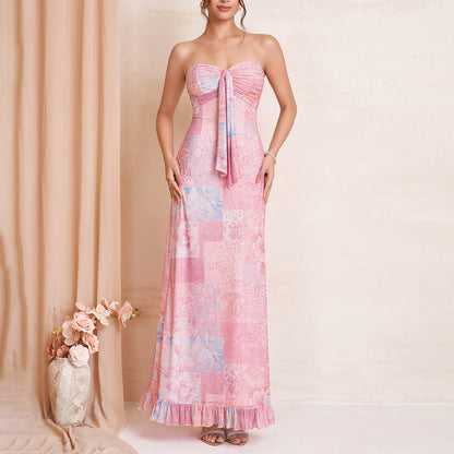 Summer Mesh Printed Dress Sexy Graceful Tube Top Lace up Backless Wooden Ear Decorative Dress