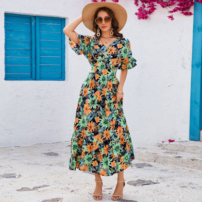 Summer V neck Ruffled Short Sleeve Maxi Dress Elegant Seaside Holiday Dress