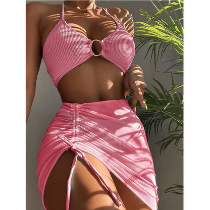 Spring Summer Women Swimsuit Slim Solid Color Sexy Halter Three Piece Set