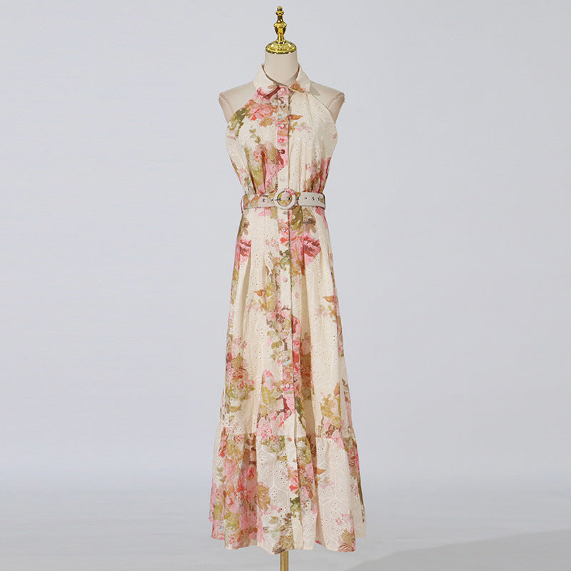 Retro Elegance Floral Printed Dress Summer Waist Slimming Sleeveless Lace up Dress