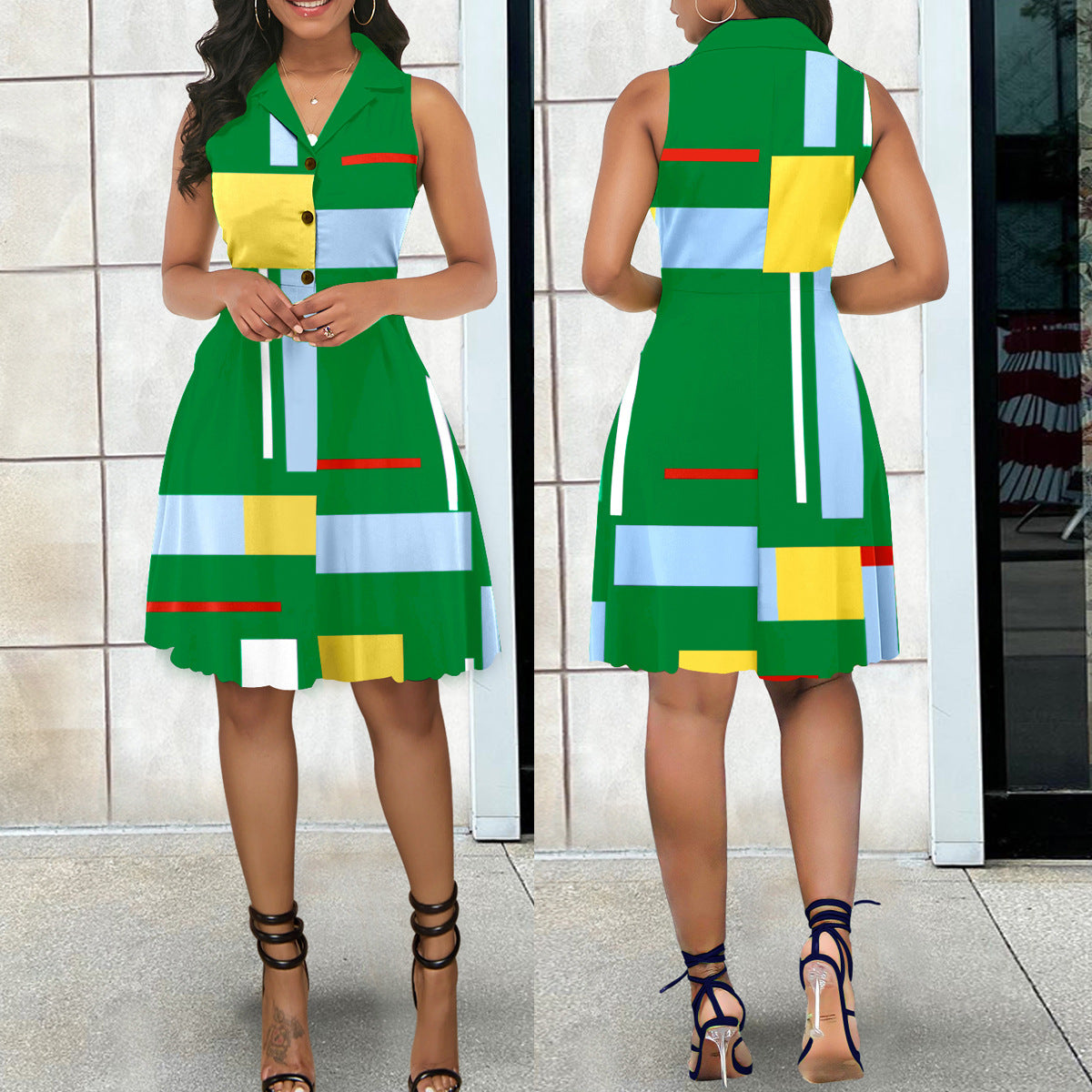 Sexy Short Dress Women Digital Print Sleeveless V Neck Elegant Dress