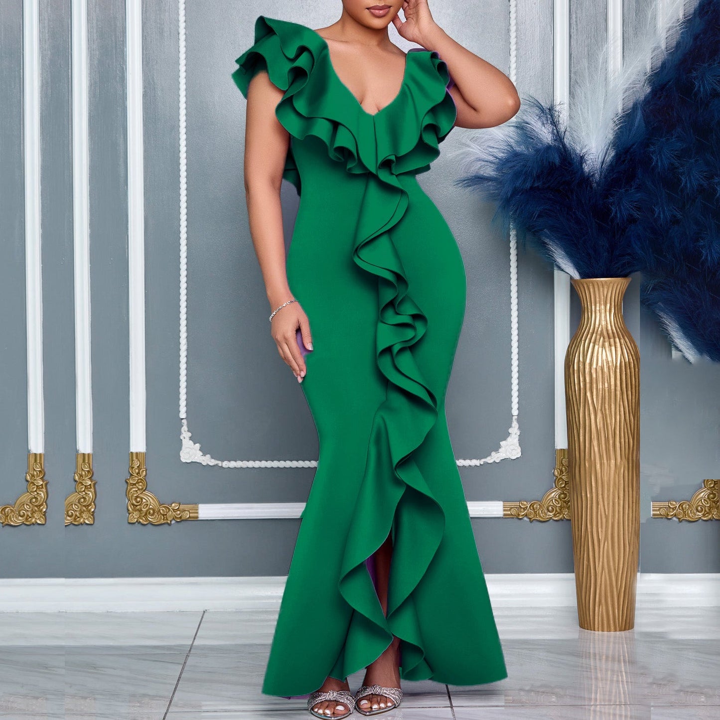 Women Wear Summer Dress Solid Color V neck Ruffled Split Fishtail Skirt Maxi Dress