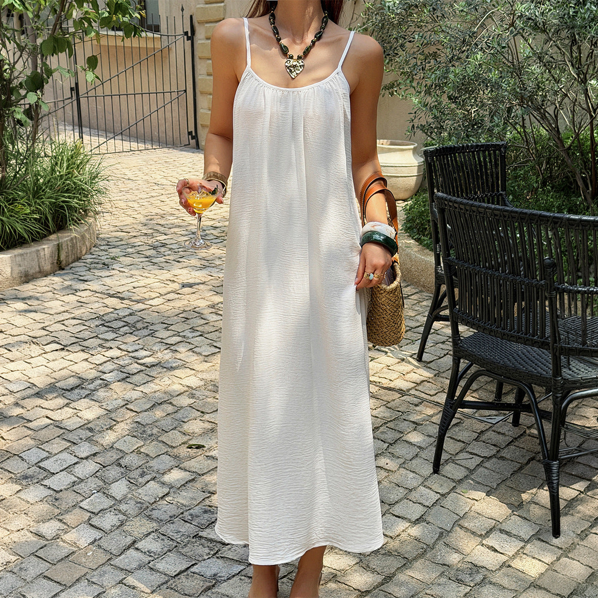 Women Clothing Summer French Vacation White Texture Pleated Dress