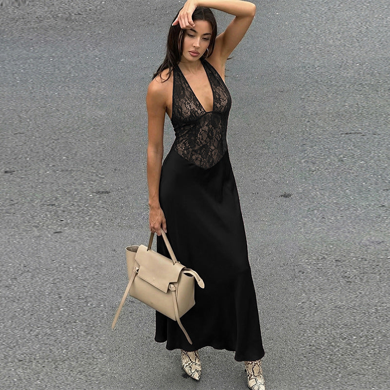 Women Clothing Winter Hollowed out Backless Lace Patchwork Waist Slimming Deep V Plunge Sexy Halter Dress