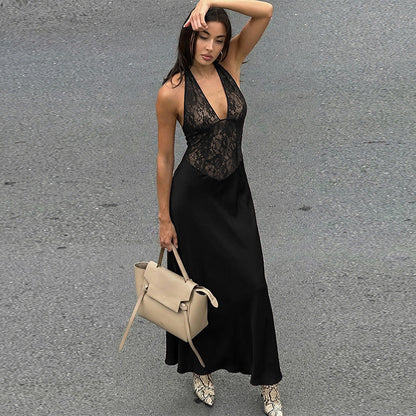Women Clothing Winter Hollowed out Backless Lace Patchwork Waist Slimming Deep V Plunge Sexy Halter Dress