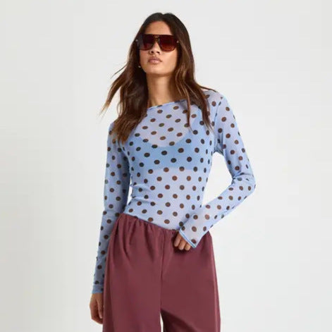 Simple Dot Mesh See through Niche Slim Fit Long Sleeve round Neck Top Bottoming Shirt Women Clothing