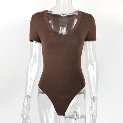 Bodysuit Spring Summer Women Clothing Short Sleeve V Neck Sexy Tight Bodysuit