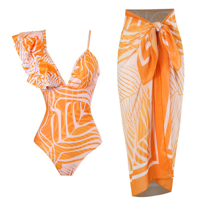 Sexy Swimsuit Women Spring One Shoulder Swimsuit Chiffon Split Beach Skirt Set