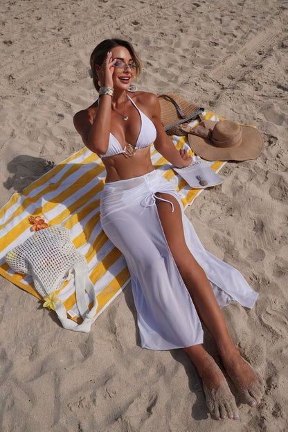 Solid Color Beach Sun Protection Tulle Skirt Sexy Three Piece Set Bikini Split Swimsuit