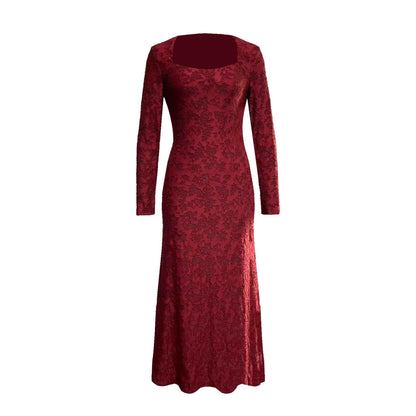 Spring Dress Elegant Slim Fit Square Collar Lace Long Sleeve Dress