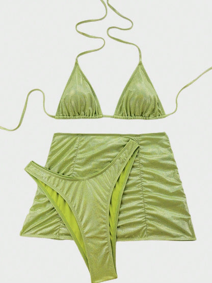 Women Swimsuit Sexy Flash Fabric Three Piece Metallic Coated Fabric Bikini Swimsuit