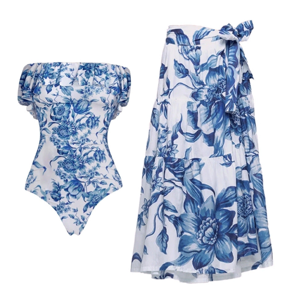 Bikini Blue Color Floral Vacation Split Swimsuit Women