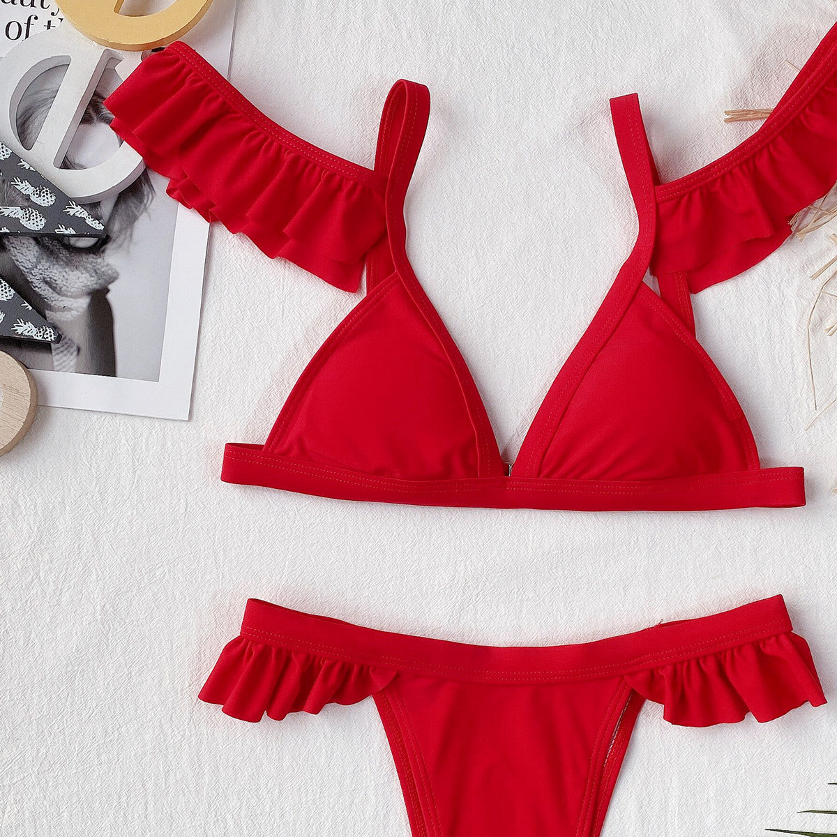 Outer Single Swimsuit Solid Color Lotus Sleeve Women Seperated Swimwear Swimsuit