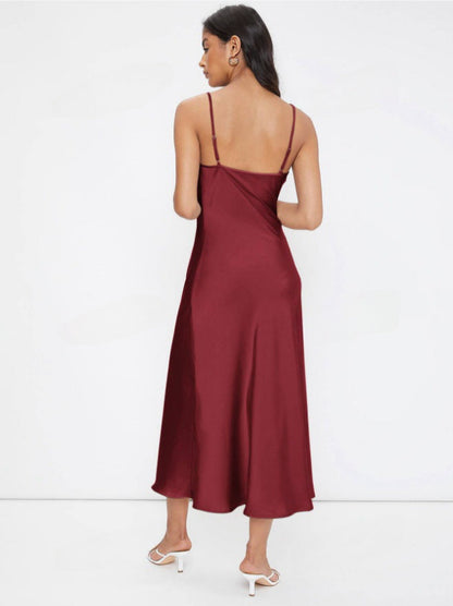 Women Clothing Spring Summer Satin Sling Deep V Plunge neck Slim Solid Color Dress