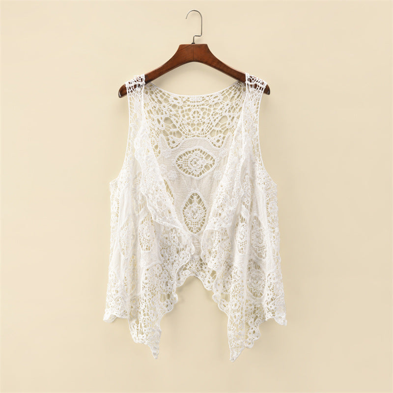 Women Summer Coat Thin Coat Sleeveless Lace Cardigan All Match Shawl Beachwear Sun Protection Clothing Women Hollow Out Cutout Shirt
