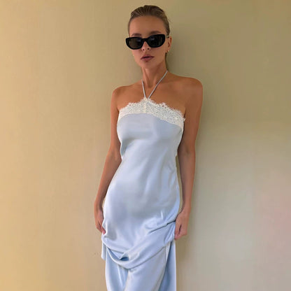 Sexy Sleeveless Halter Tube Top Lace Trim Dress Satin Skin Friendly Slim Strap Dress Women
