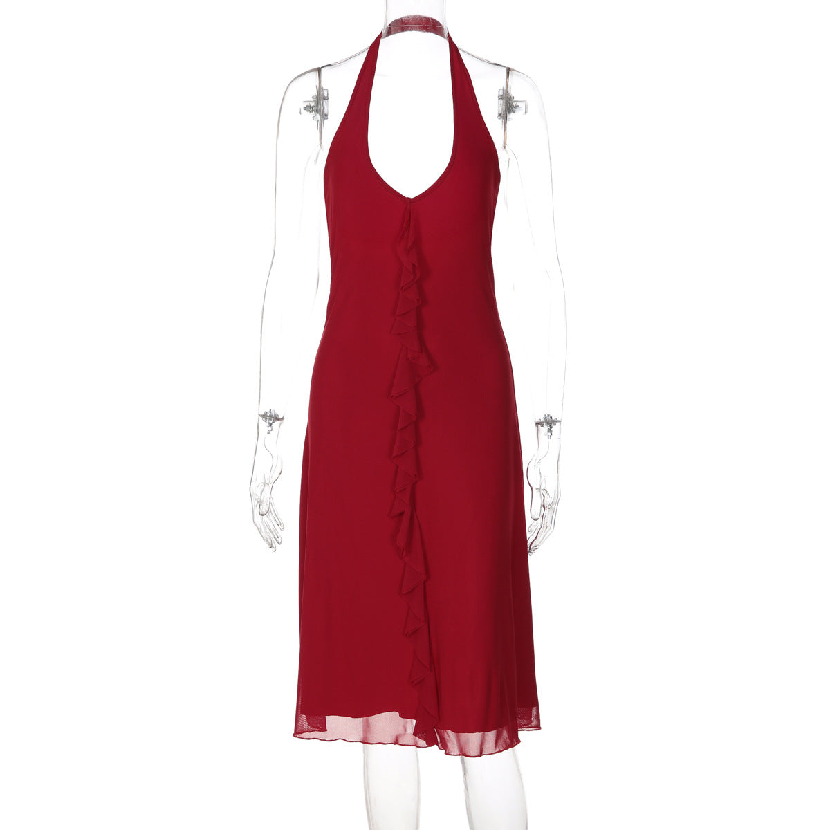 Arrival Sexy Review V Corset Backless Stitching Wooden Ear Design Halter Mesh Dress