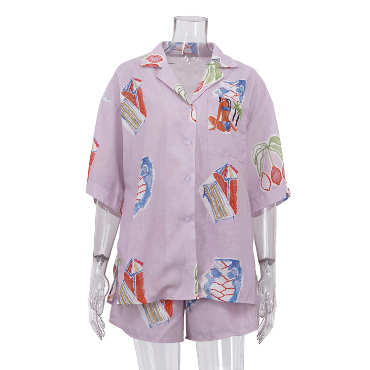 Summer Women Digital Printing Casual Shirt Outfit Collared Short Sleeve Cardigan Top Shorts Two Piece Set