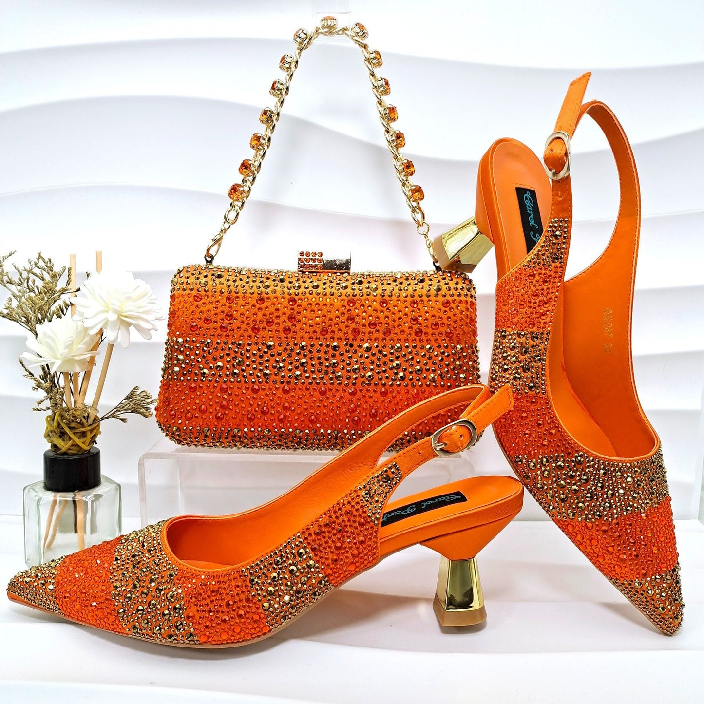 Simple Pointed Striped Delicate Rhinestone Decorative Cocktail Elegant Women Shoes Bags Two Piece Sets High Heels