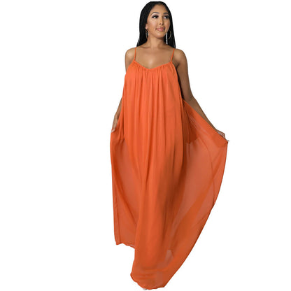 Women Chiffon Solid Color Casual Backless Cami Dress