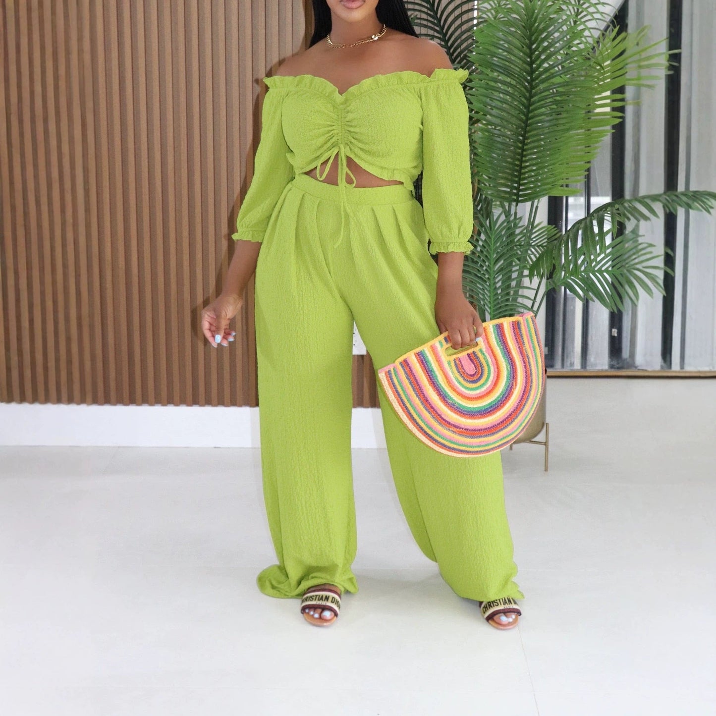 Women Clothing Half Sleeve Pleated Lace up Loose Breathable Two Piece Sets Sexy Summer