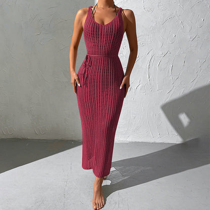 Vacation Beach Blouse Hollow Out Cutout Backless Knitted Dress Women