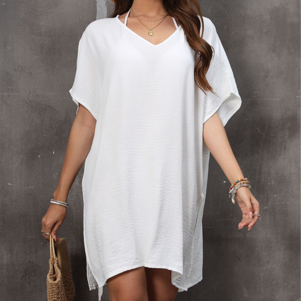 Summer Women Clothing Beach Beach Cover Up V neck Loose Dress