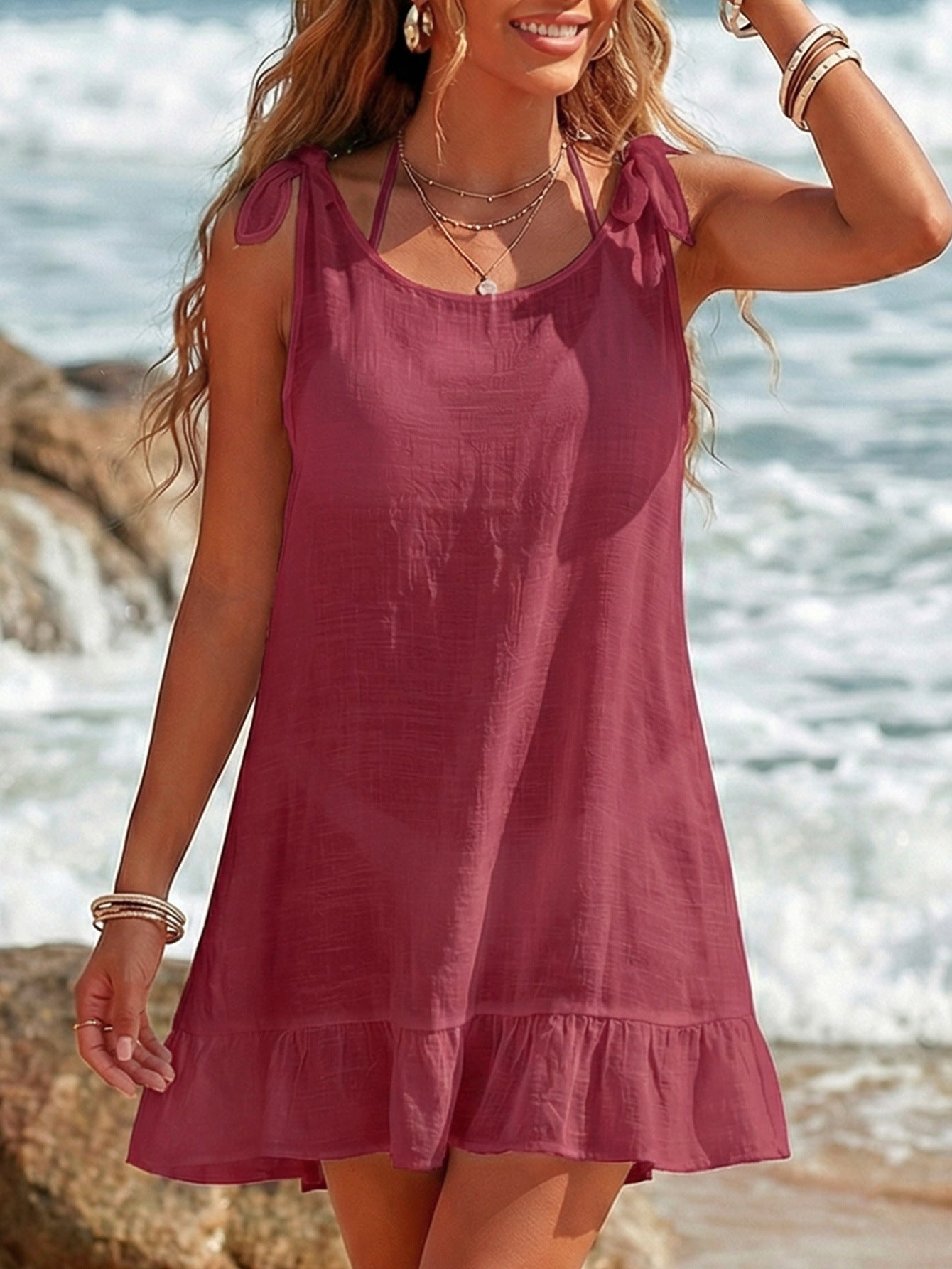 Women Beach Cover Up Women Clothing Solid Color Ruffles Stitching Lace up Bow Beach Dress