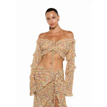 Chiffon Long Sleeve Split Beach Skirt Vintage Floral Split Skirt Sets Seaside Vacation
