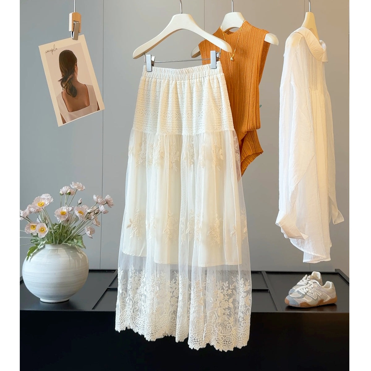 French Hollow Out Cutout Chain Link Fence Yarn Women Summer Elastic High Waist Slimming A line Drape Large Swing Skirt