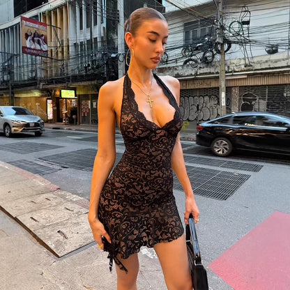 Sexy Women's Lace Fabric Low Cut Halter Sexy Slim Fit Figure Flattering Dress