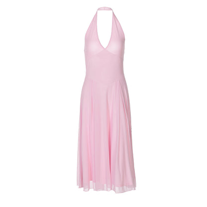 Women Clothing Summer Solid Color Halter Backless Gauzy Stitching Dress