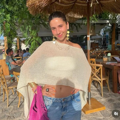 Irregular Asymmetric Hollow Out Cutout out Beach Cover up Vacation Sun Protection Shawl Thin Ice Silk Knitted Top