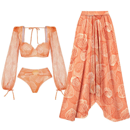 Women Swimsuit V neck Mesh Long Sleeve Glossy Shell Printed One Piece Swimsuit Two Piece Set