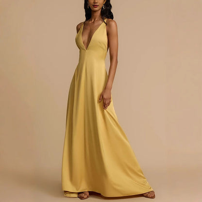 Summer Sexy Backless V neck Satin Maxi Dress Women