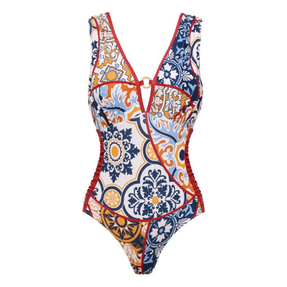 Swimsuit V neck Pattern Printed One Piece Swimsuit Women Wrap Skirt
