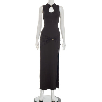Women Clothing Spring Metal Buckle Half Turtleneck Sleeveless Sheath Slit Pleated Dress