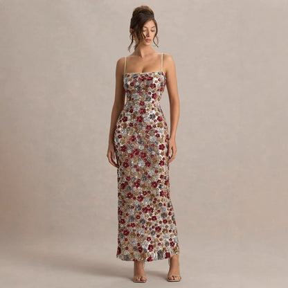 Spring Summer Suspender Sequined Sheath Dress Party Holiday Split Dress