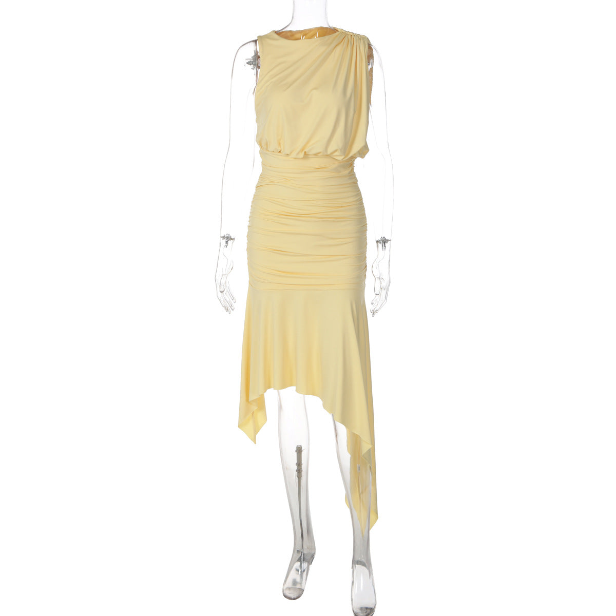 Women Clothing Summer Sleeveless Pleated Waist Tight Slimming Irregular Asymmetric Dress