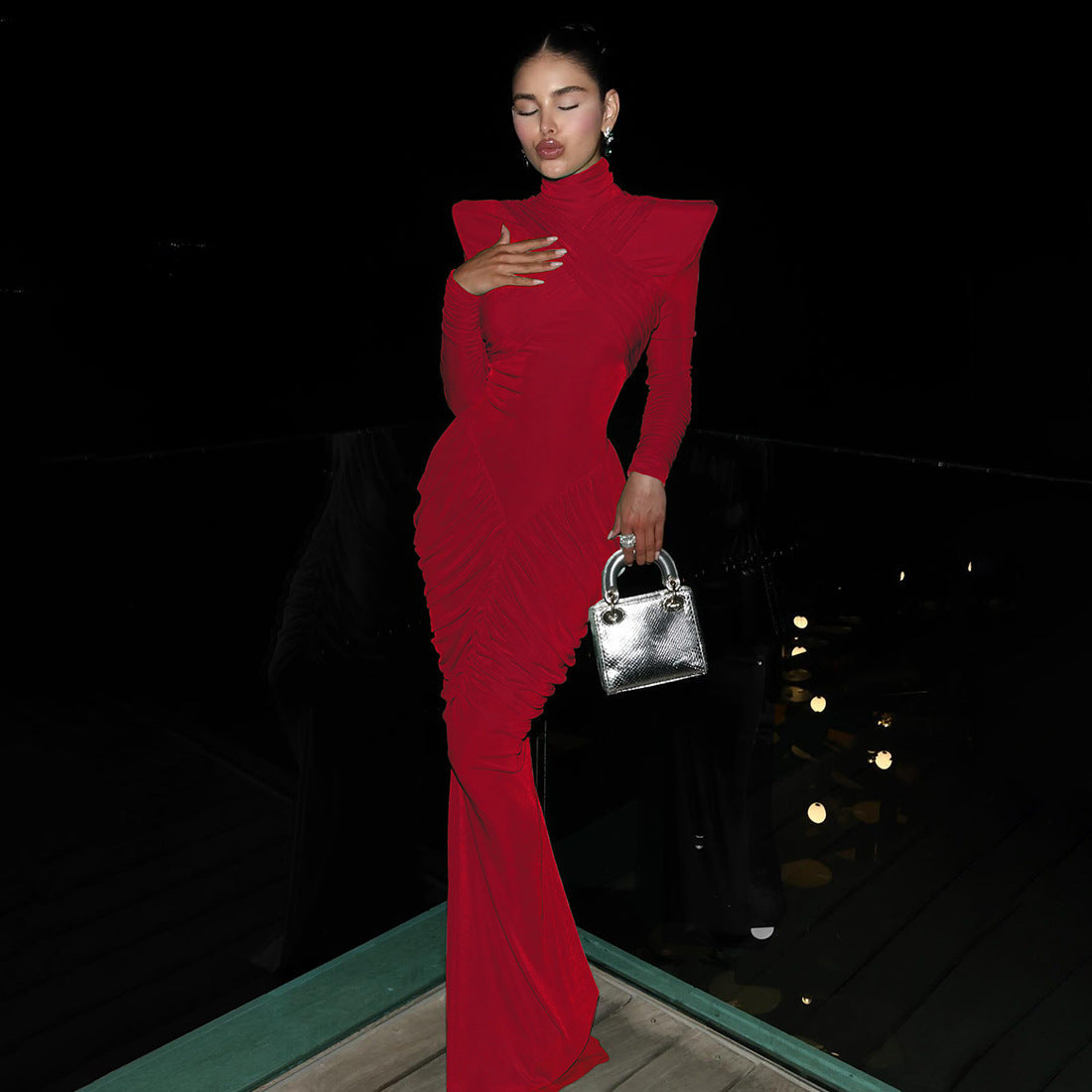 Fall Women Clothing Solid Color Turtleneck Backless Stitching Pleated Slim Fit Dress