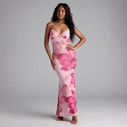 Summer Women Clothing Sexy Printing V-neck Brace Backless Slimming Dress