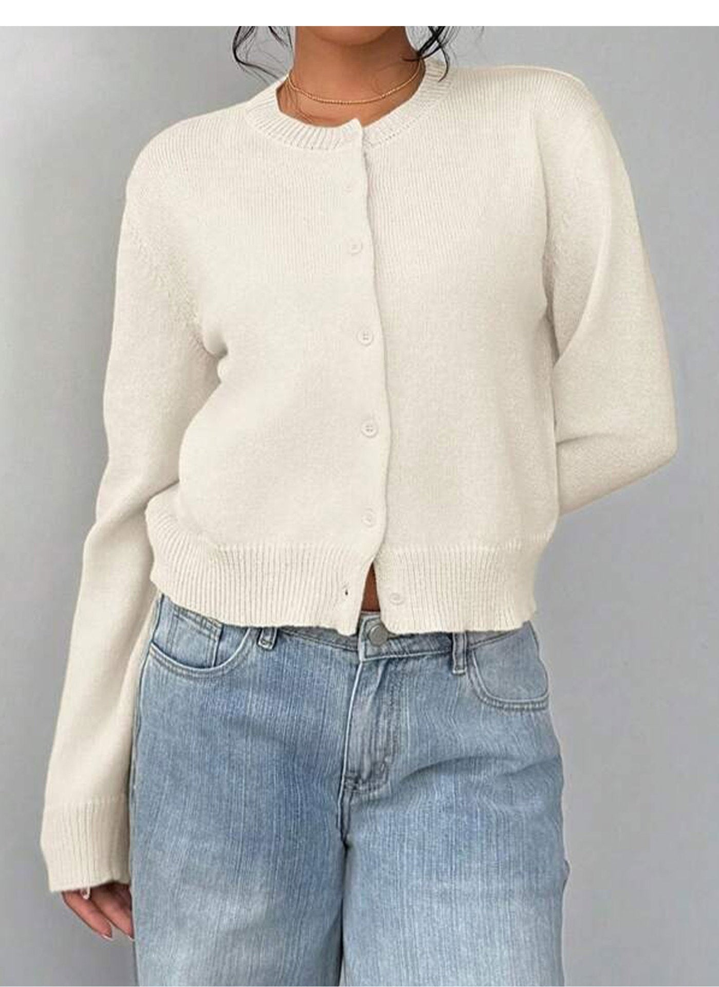 Fashionable Knitted Cardigan Women round Neck Long Sleeve Solid Color Sweater Spring Slim Fit Top