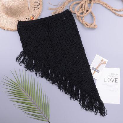 Spring Summer Women Clothing Sexy See-through Hollow Out Cutout Knitted Dress Open Oblique Tassel Beach Skirt