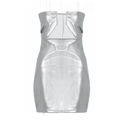 Women Clothing Faux Leather Personality off Neck Low Cut Sexy Sheath Sleeveless Backless Dress Women