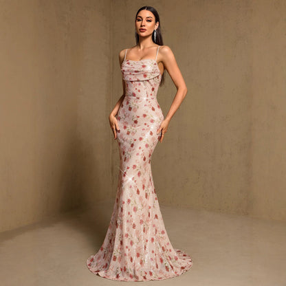 Summer Autumn Quality Suspender Pleated Back Strap Fishtail Dress Full Lining Party Evening Dress