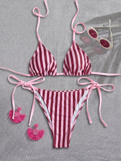 Women Striped Printed Bikini Halter Strap Sexy Split Bikini Seaside Swimwear