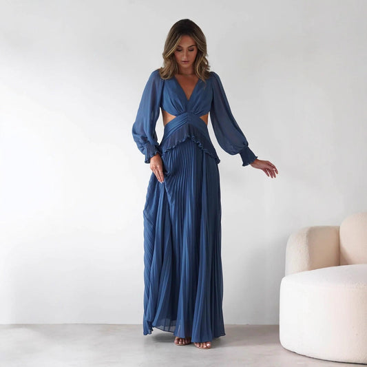 Women Long Sleeve Pleated Waist Tight Backless Dress